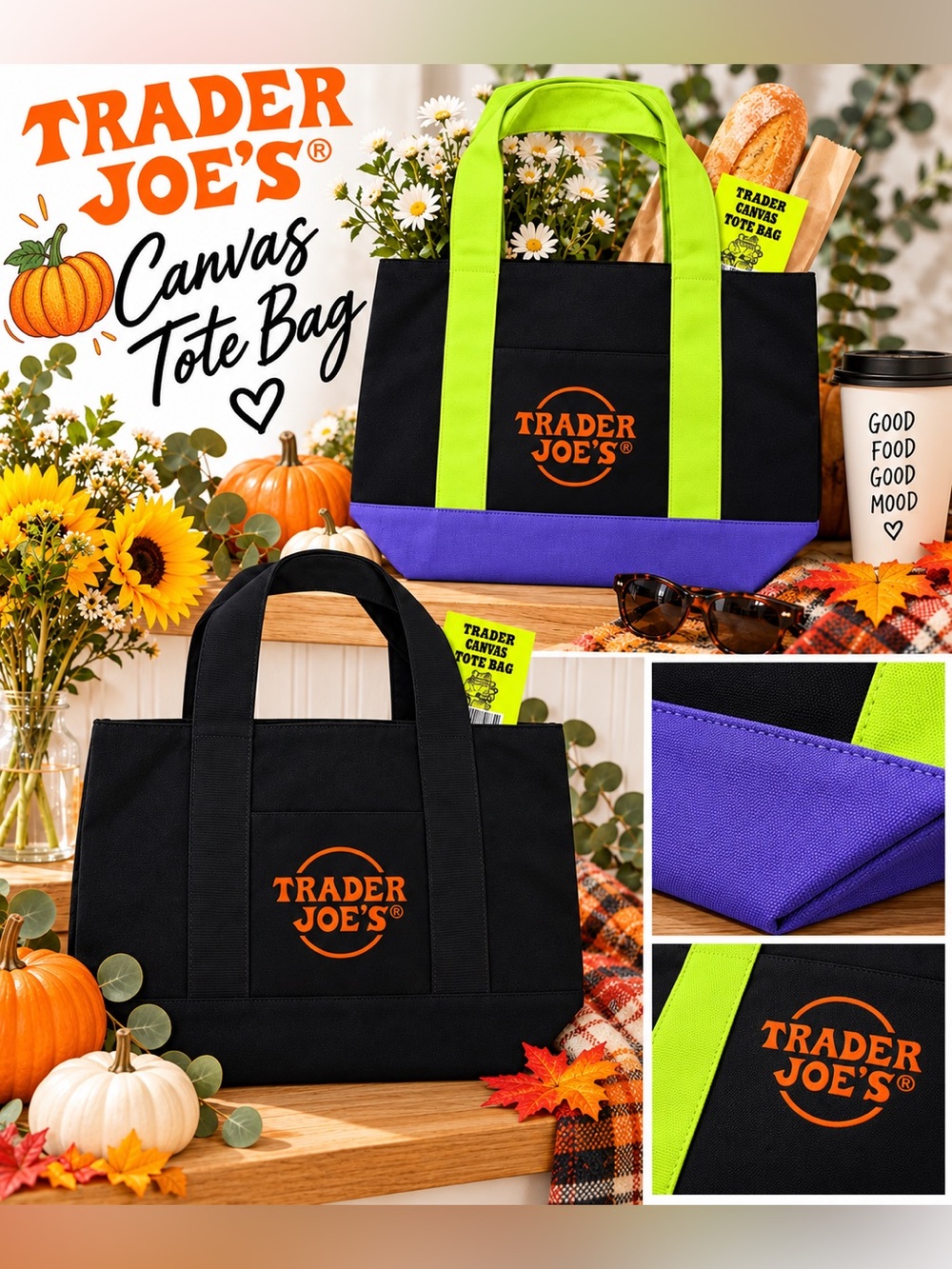 🎃🍁Trader Joe’s Canvas Tote Bag Set | Black + Purple | Reusable Grocery Bags🍁🎃